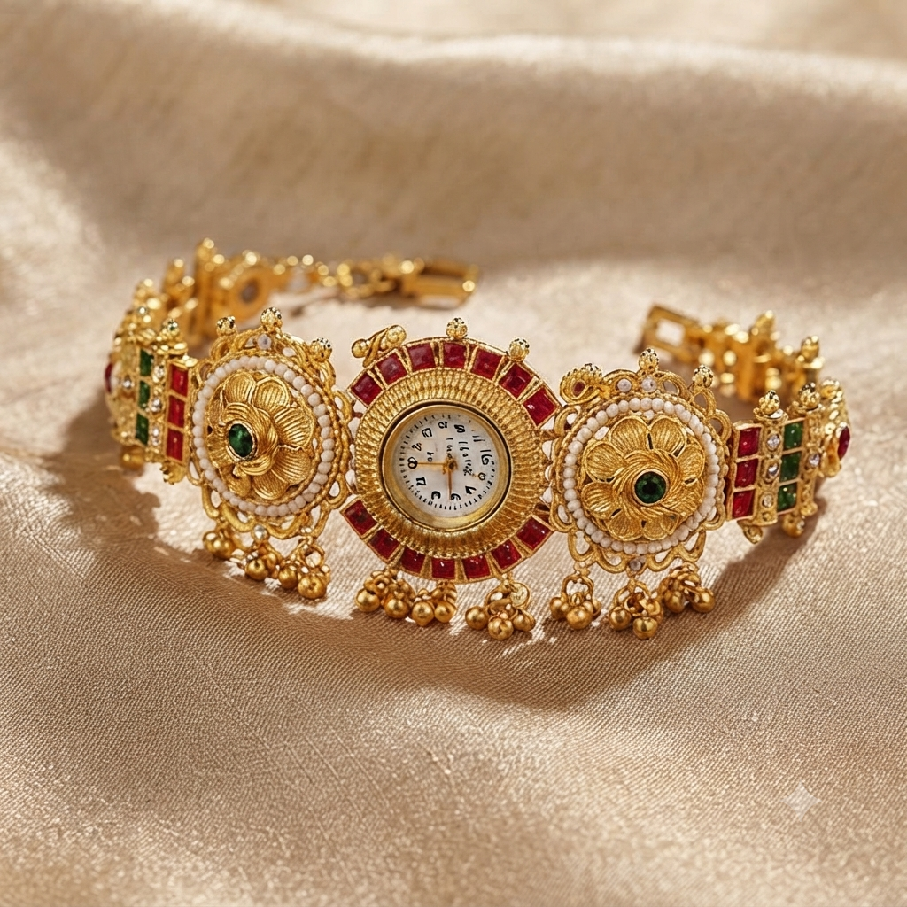 Ethnic Gold Temple Watch with Ruby & Emerald Stones