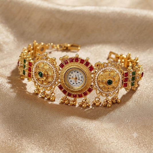 Ethnic Gold Temple Watch with Ruby & Emerald Stones