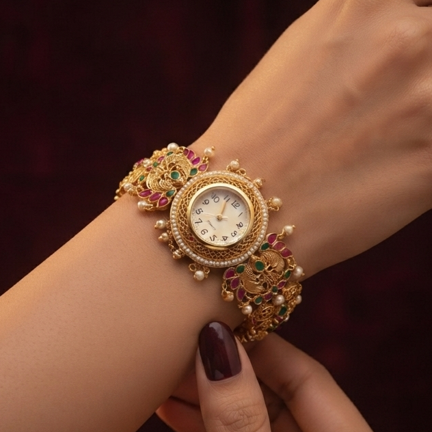 Gold Temple Watch with Owl Motifs & Gemstone Accents