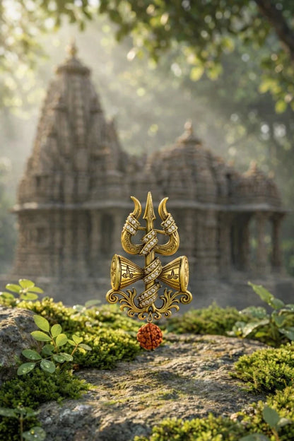 Crystal Trishul And Damru Crest Brooch