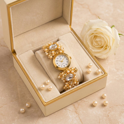 Gold-Tone Kashmiri Kundan Ghungroo Bracelet Watch for Women with Pearl Detailing