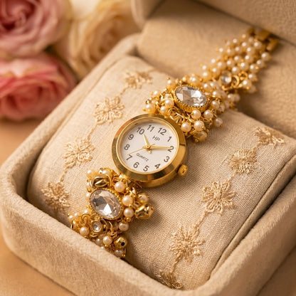 Gold-Tone Kashmiri Kundan Ghungroo Bracelet Watch for Women with Pearl Detailing