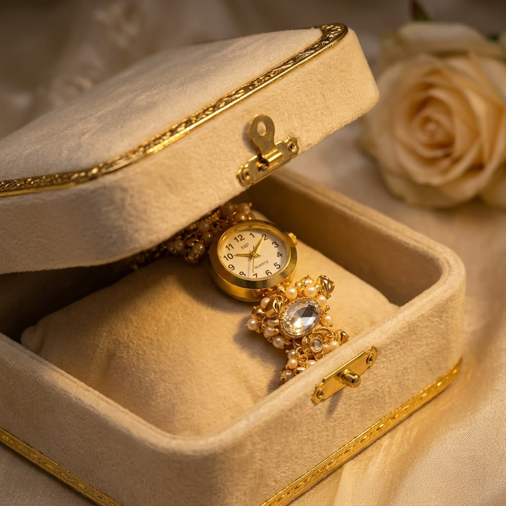 Gold-Tone Kashmiri Kundan Ghungroo Bracelet Watch for Women with Pearl Detailing