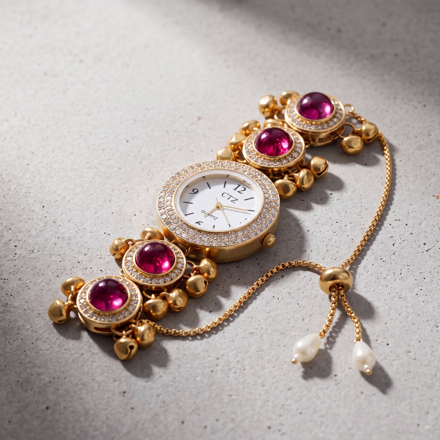 Ruby Red Kundan Ghungroo Jewellery Watch for Women with Pearl Drops