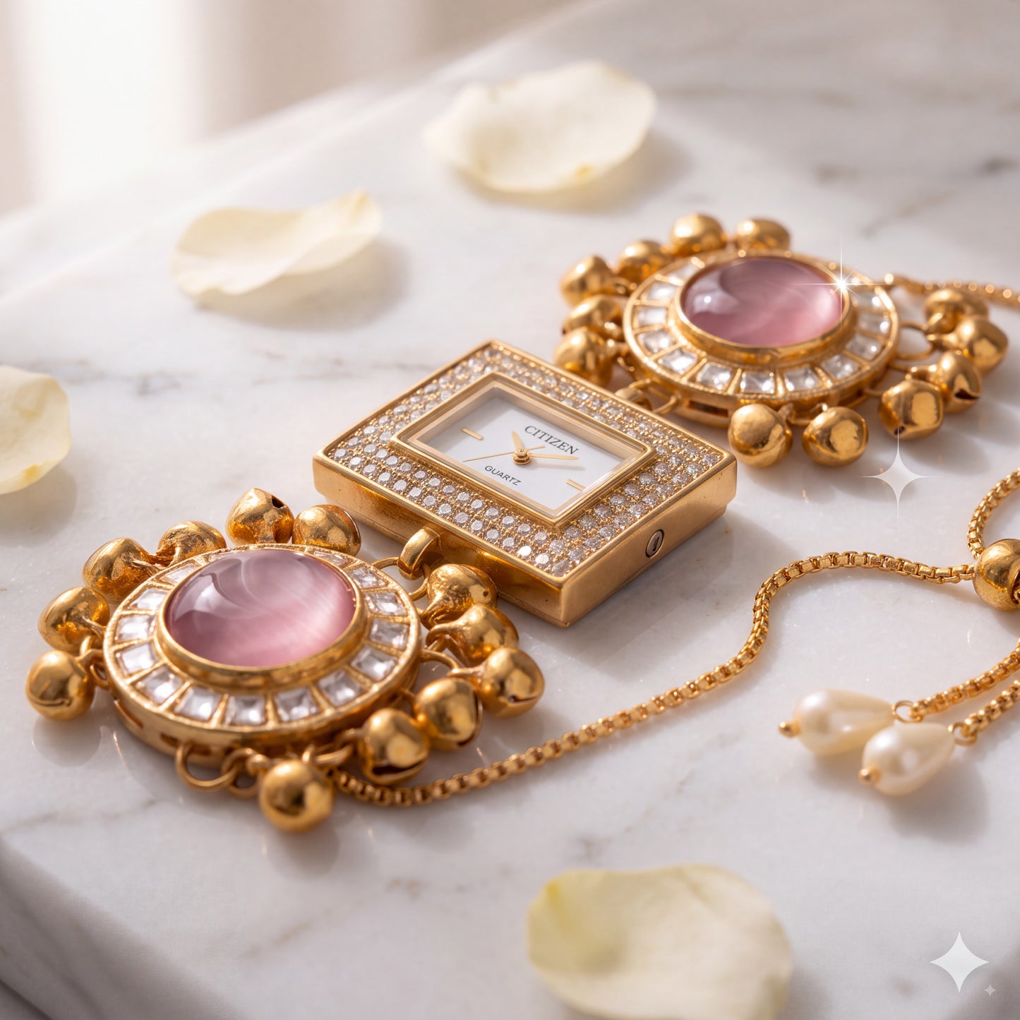 Ethnic Rectangular Pink Cat-Eye Ghungroo Jewellery Watch for Women