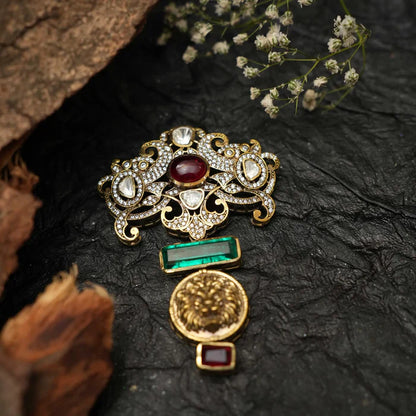 Moissanite Diamond Groom Saree Pin And Broch Synthetic Ruby Emerald