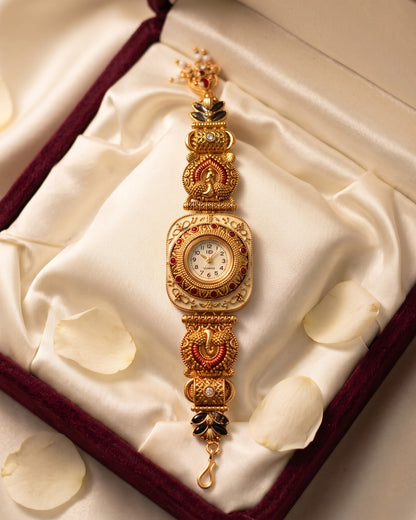 Temple Style Peacock Ivory Enamel Watch Bracelet