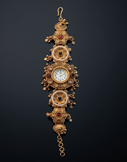 Temple Style Onyx Pearl Ghungroo Watch Bracelet