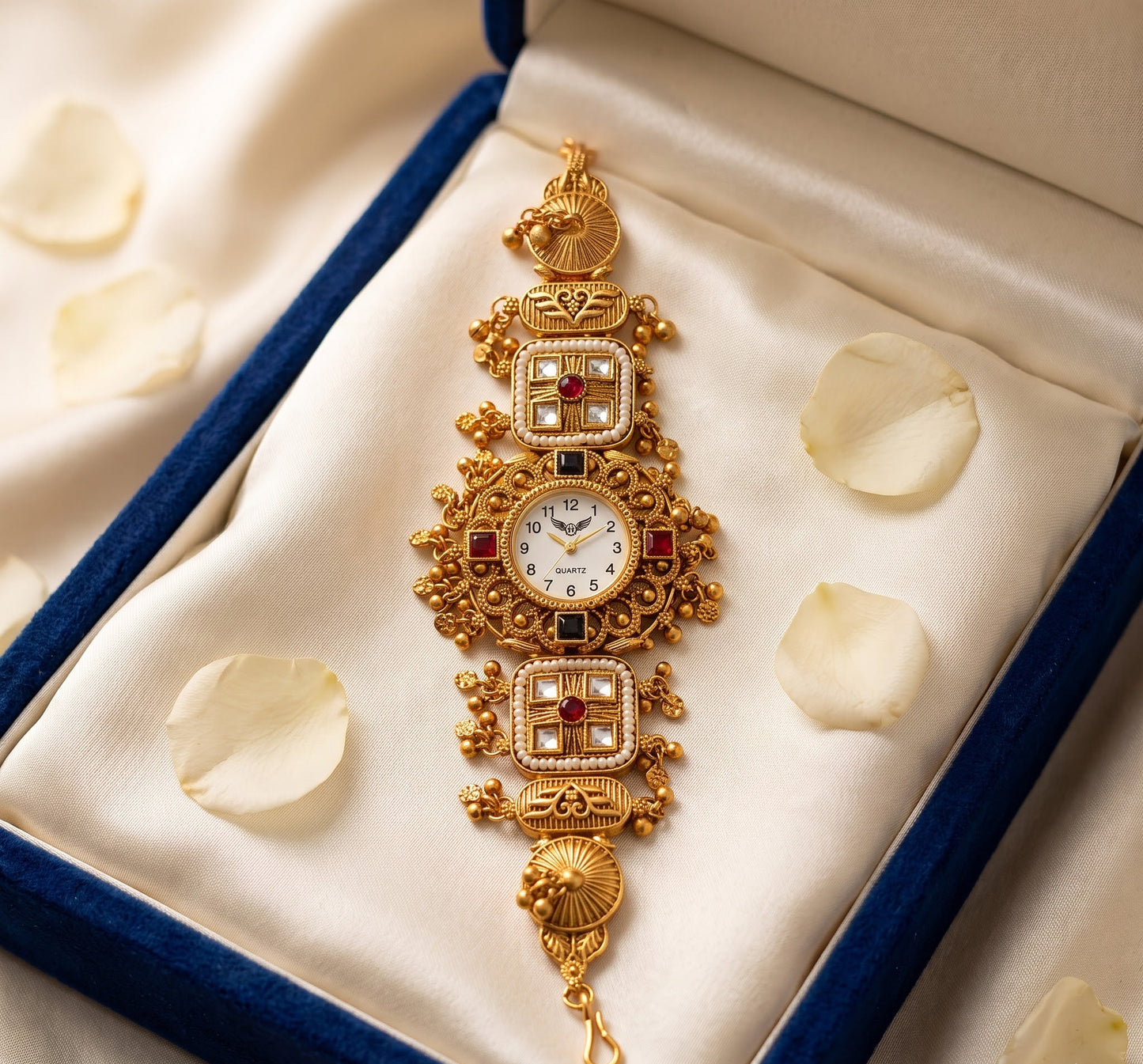 Ethnic Kundan Seed Pearl Ruby Jewelry Watch