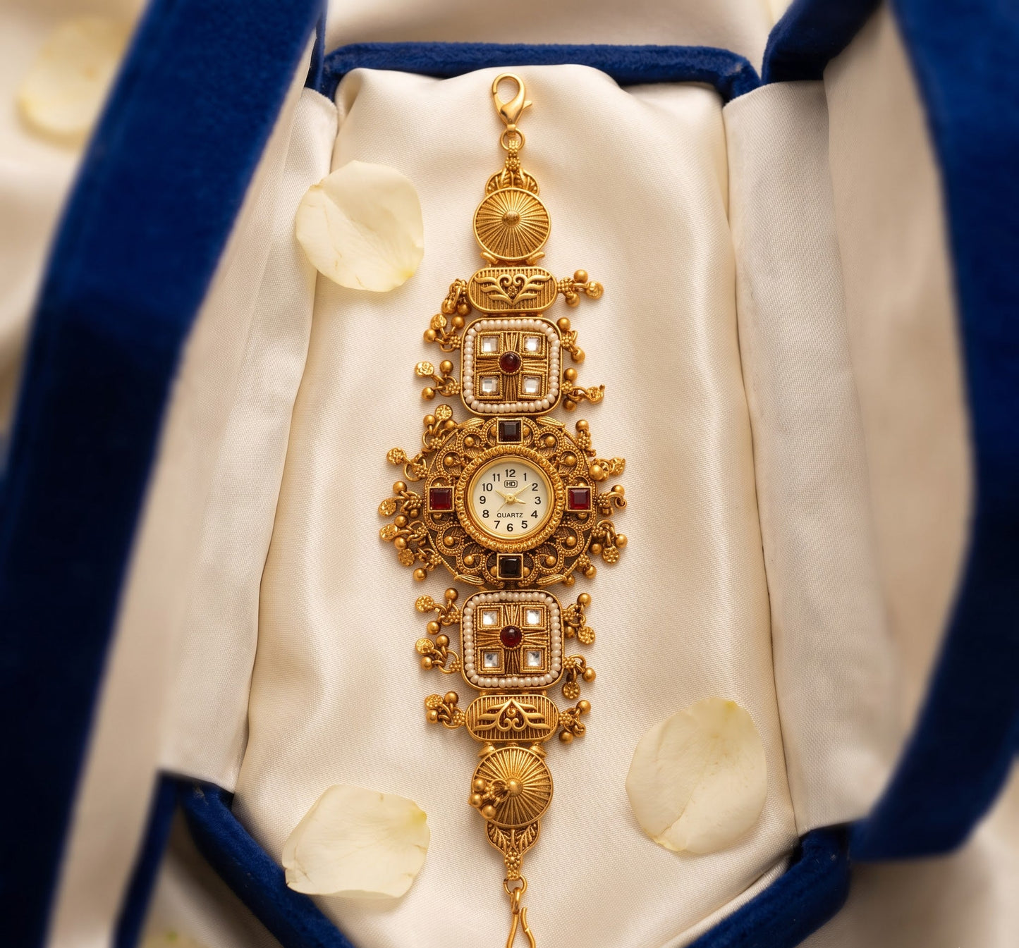 Ethnic Kundan Seed Pearl Ruby Jewelry Watch
