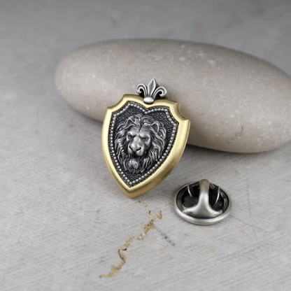 Leo Zodiac Lion Shield Brooch Pin – Fleur-de-Lis Gold Plated Sterling Silver Lapel Badge