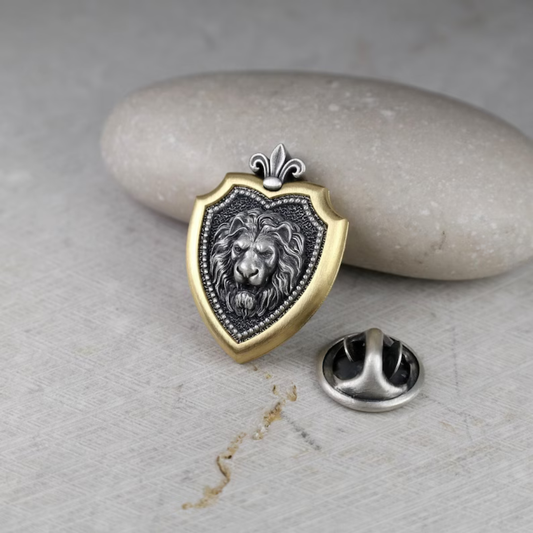 Leo Zodiac Lion Shield Brooch Pin – Fleur-de-Lis Gold Plated Sterling Silver Lapel Badge