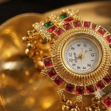Ethnic Gold Temple Watch with Ruby & Emerald Stones