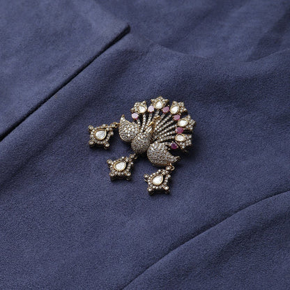 Designer Gold Plated Shahi Red Peacock Polki Brooch