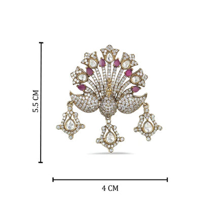 Designer Gold Plated Shahi Red Peacock Polki Brooch