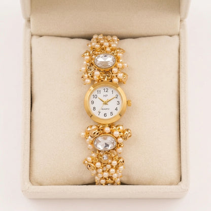 Gold-Tone Kashmiri Kundan Ghungroo Bracelet Watch for Women with Pearl Detailing
