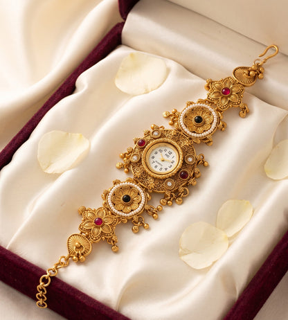 Temple Style Onyx Pearl Ghungroo Watch Bracelet
