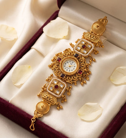Ethnic Kundan Seed Pearl Ruby Jewelry Watch