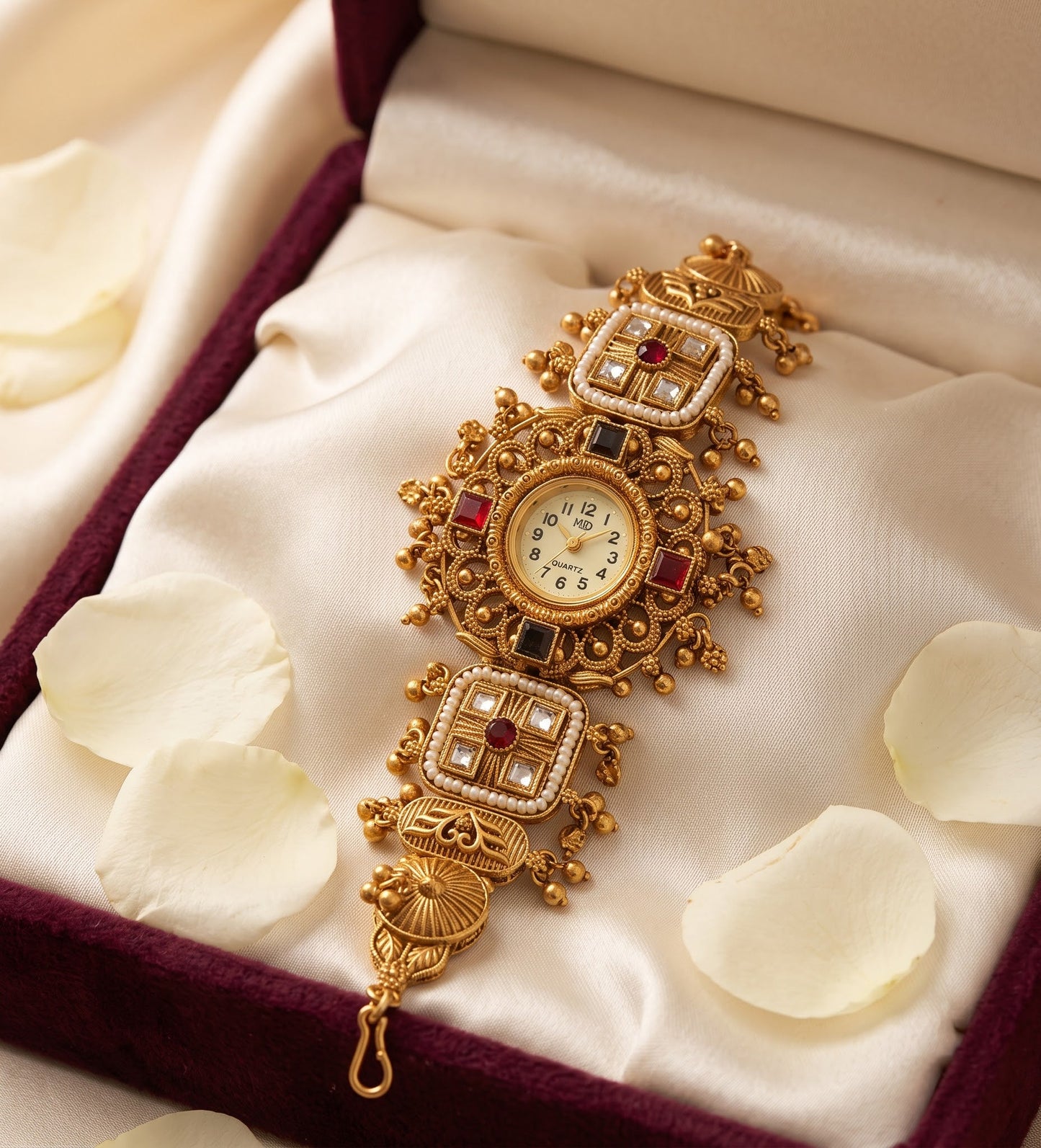 Ethnic Kundan Seed Pearl Ruby Jewelry Watch
