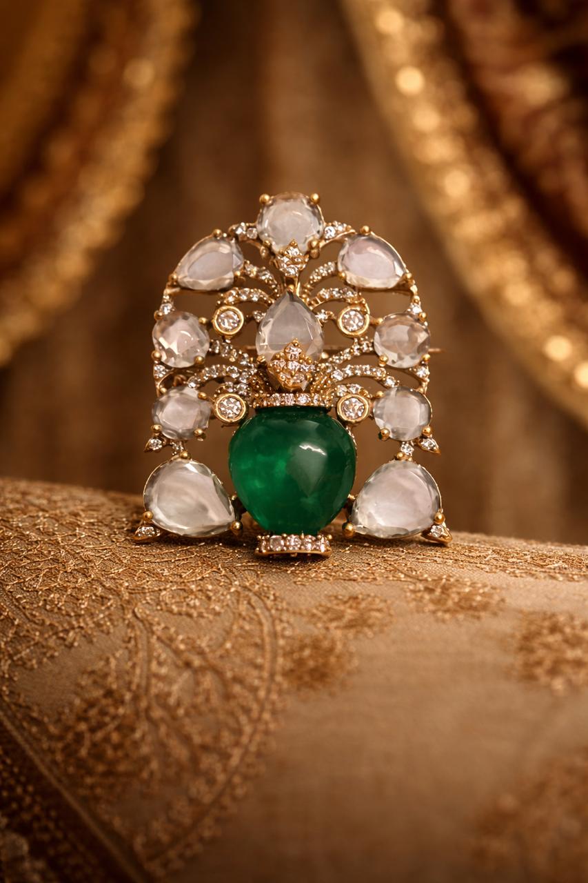Diamond Polki Synthetic Emerald Gemstone Designer Brooch Unisex