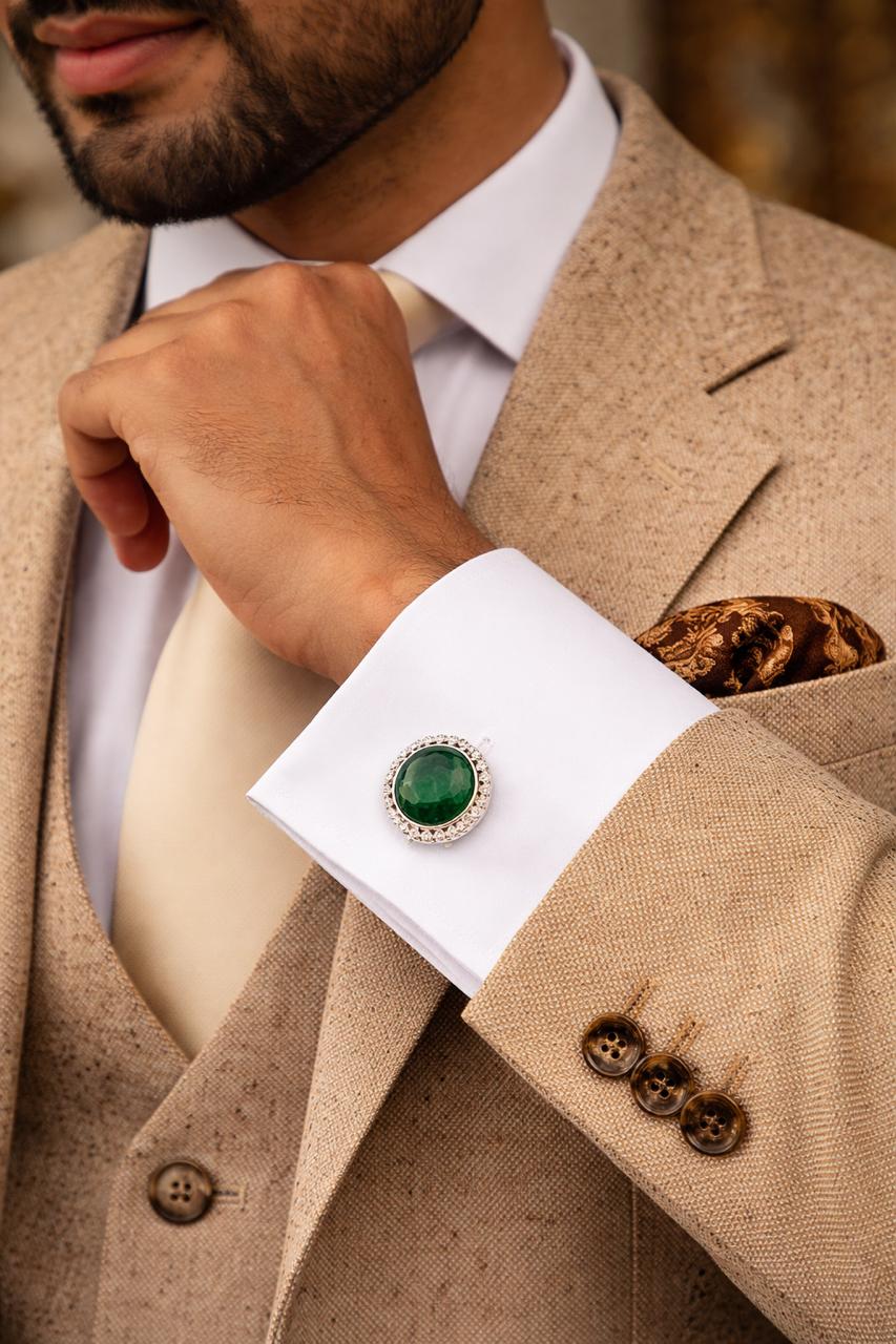 Natural Synthetic Emerald Green Heritage Gemstone Cufflinks For Man
