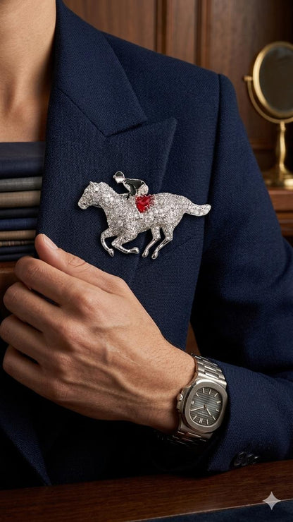 Horse Racer Diamonds Platinum Enamel Unisex Brooch