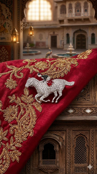 Horse Racer Diamonds Platinum Enamel Unisex Brooch