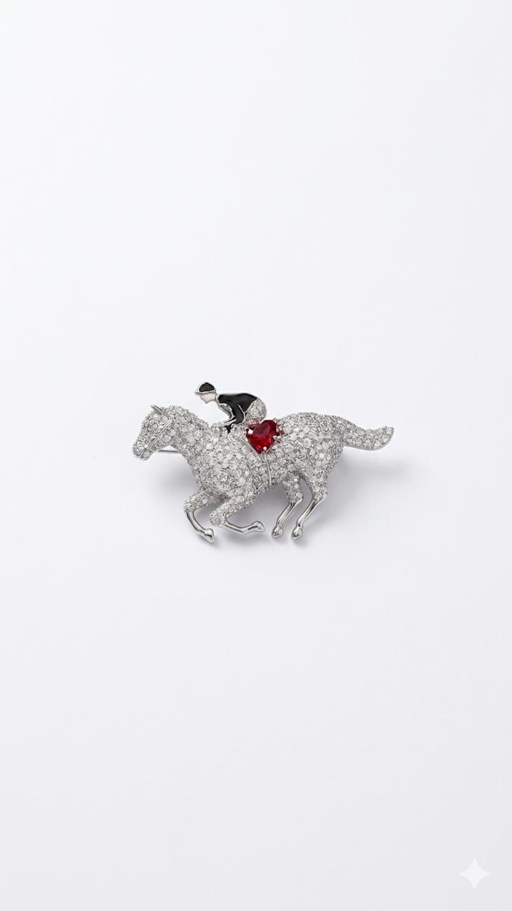 Horse Racer Diamonds Platinum Enamel Unisex Brooch