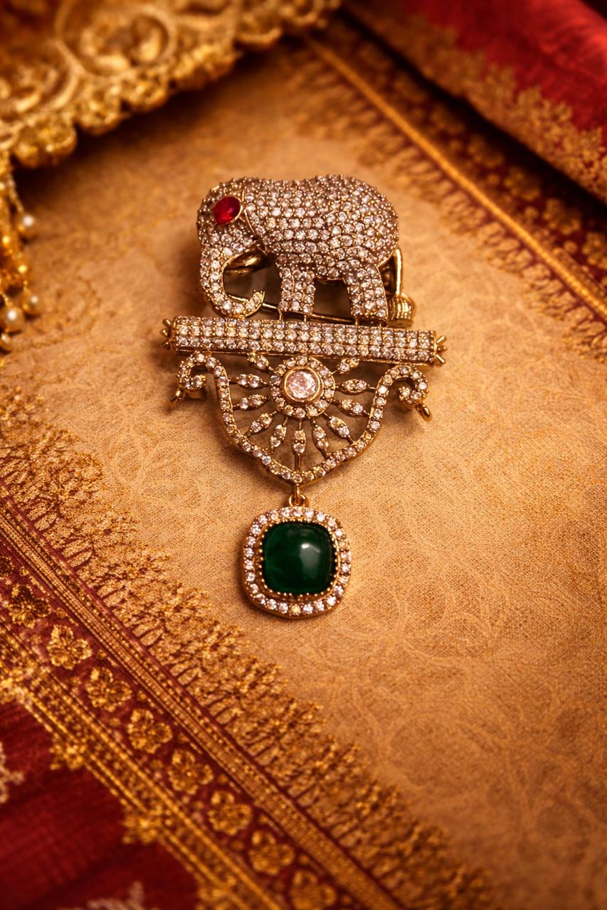 Elephant synthetics Diamond Emerald Drop Brooch Unisex