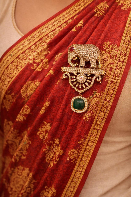 Elephant synthetics Diamond Emerald Drop Brooch Unisex