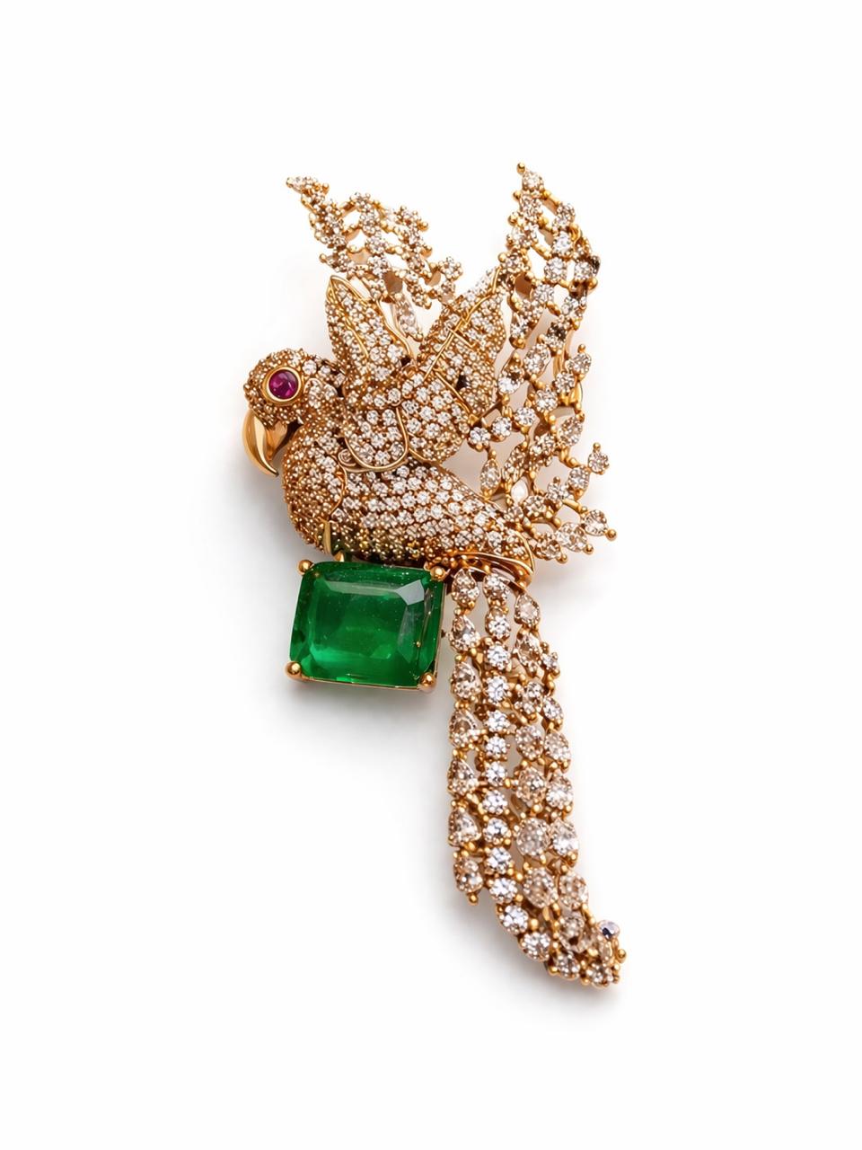 Diamond Encrusted Eagle Pendant with Regal Green Gemstone Brooch