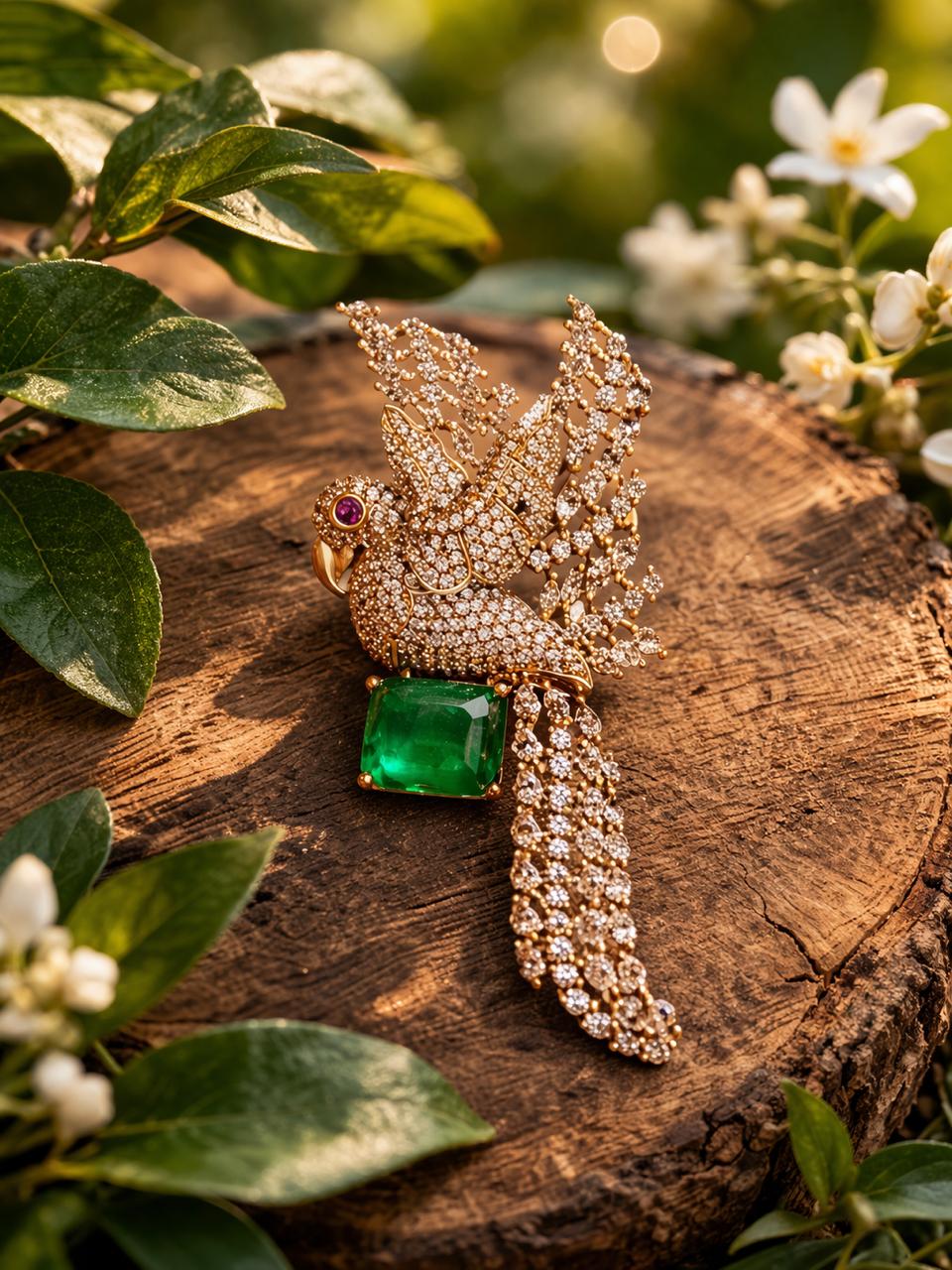 Diamond Encrusted Eagle Pendant with Regal Green Gemstone Brooch