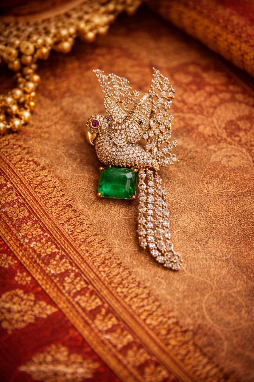 Diamond Encrusted Eagle Pendant with Regal Green Gemstone Brooch