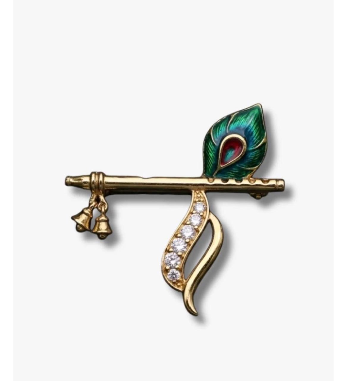 Handmade Antique Finish Design Krishna Flute Paired with Peacock Brooch