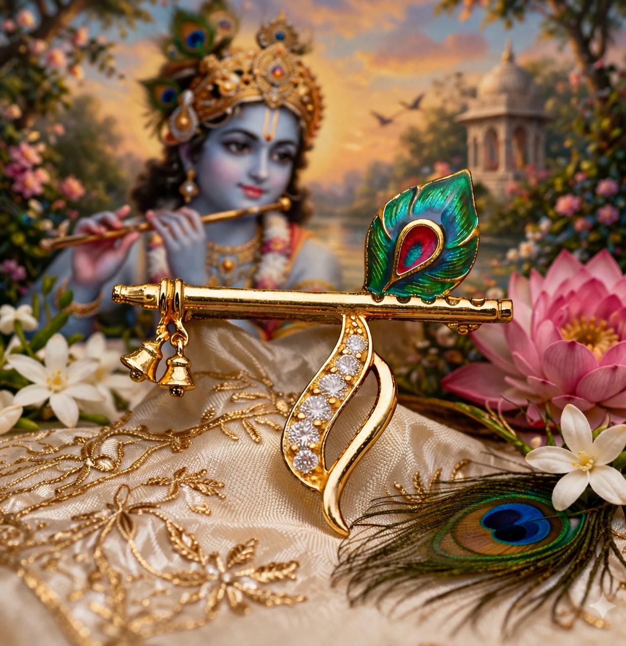 Handmade Antique Finish Design Krishna Flute Paired with Peacock Brooch