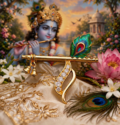 Handmade Antique Finish Design Krishna Flute Paired with Peacock Brooch