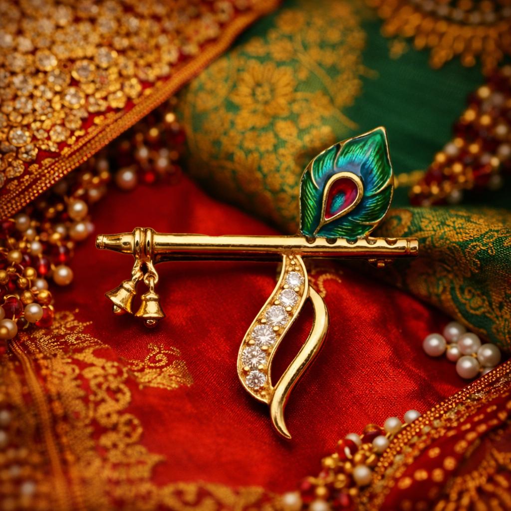 Handmade Antique Finish Design Krishna Flute Paired with Peacock Brooch