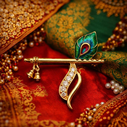 Handmade Antique Finish Design Krishna Flute Paired with Peacock Brooch