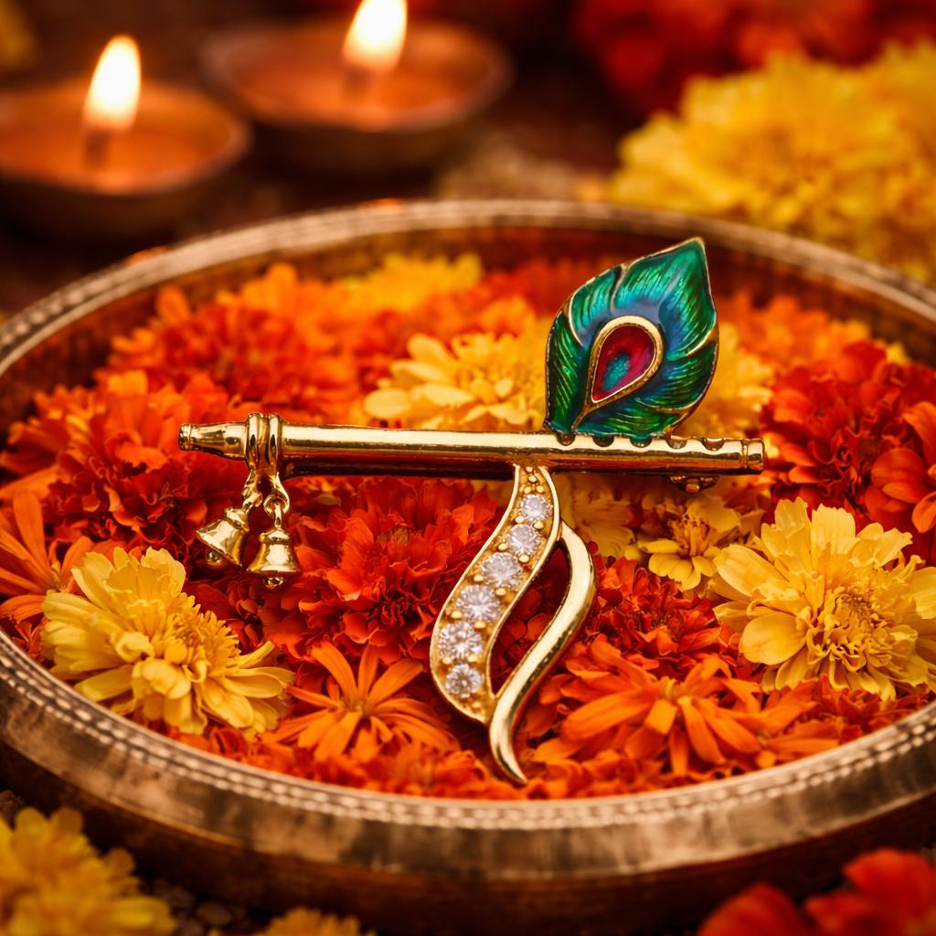 Handmade Antique Finish Design Krishna Flute Paired with Peacock Brooch