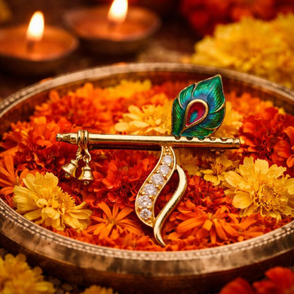 Handmade Antique Finish Design Krishna Flute Paired with Peacock Brooch