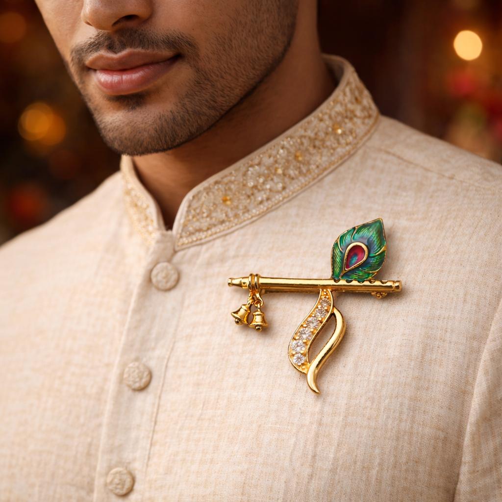 Handmade Antique Finish Design Krishna Flute Paired with Peacock Brooch