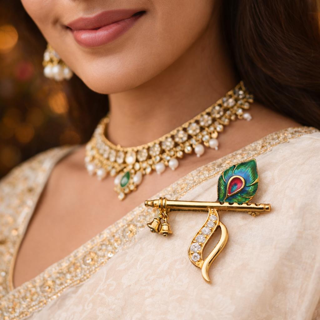 Handmade Antique Finish Design Krishna Flute Paired with Peacock Brooch