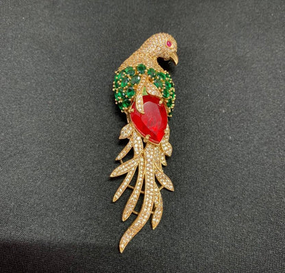 Ruby Emerald Feather Studded Bird Brooch