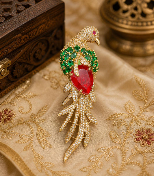 Ruby Emerald Feather Studded Bird Brooch