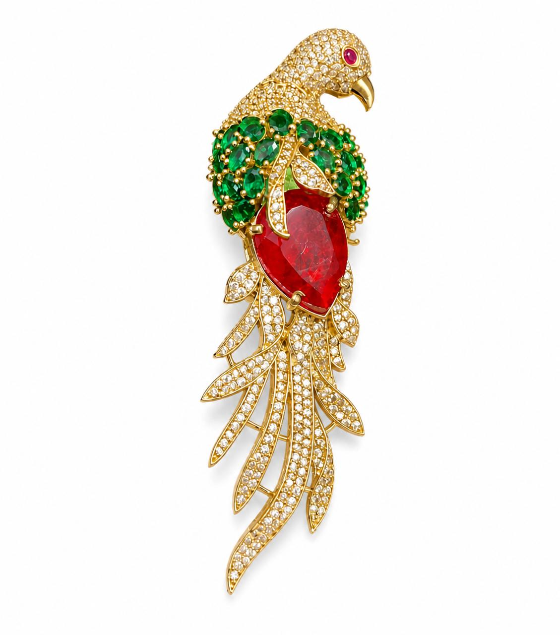 Ruby Emerald Feather Studded Bird Brooch