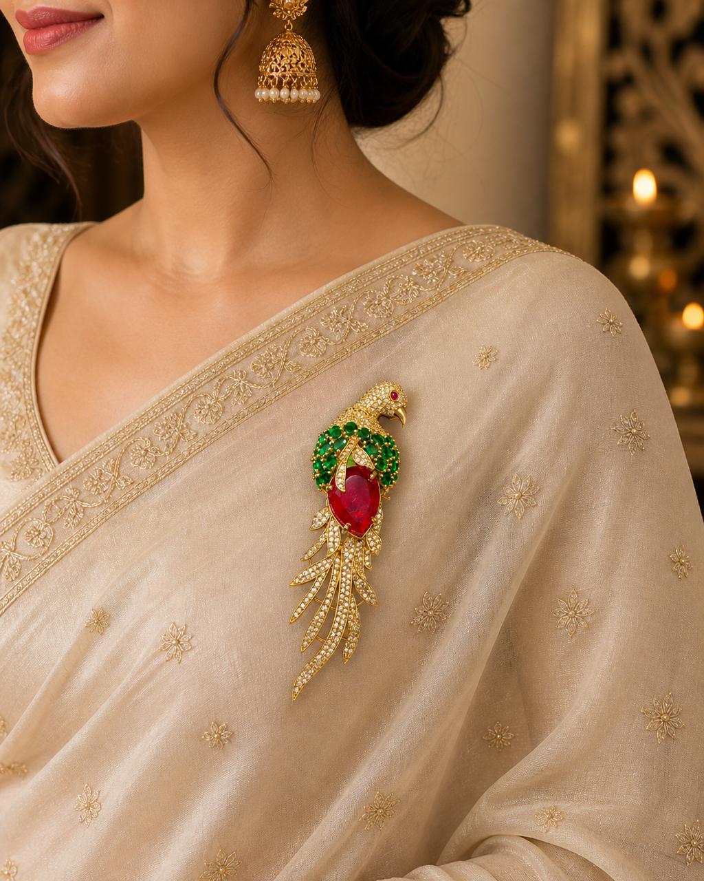 Ruby Emerald Feather Studded Bird Brooch