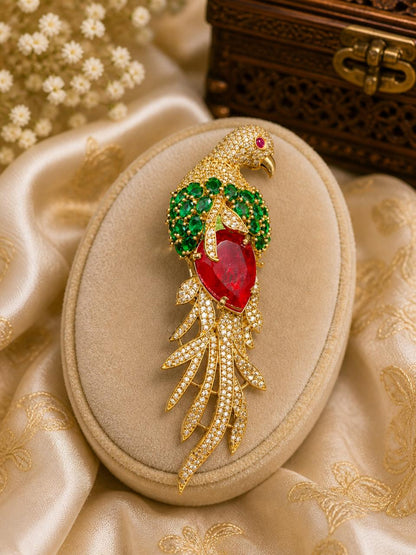 Ruby Emerald Feather Studded Bird Brooch