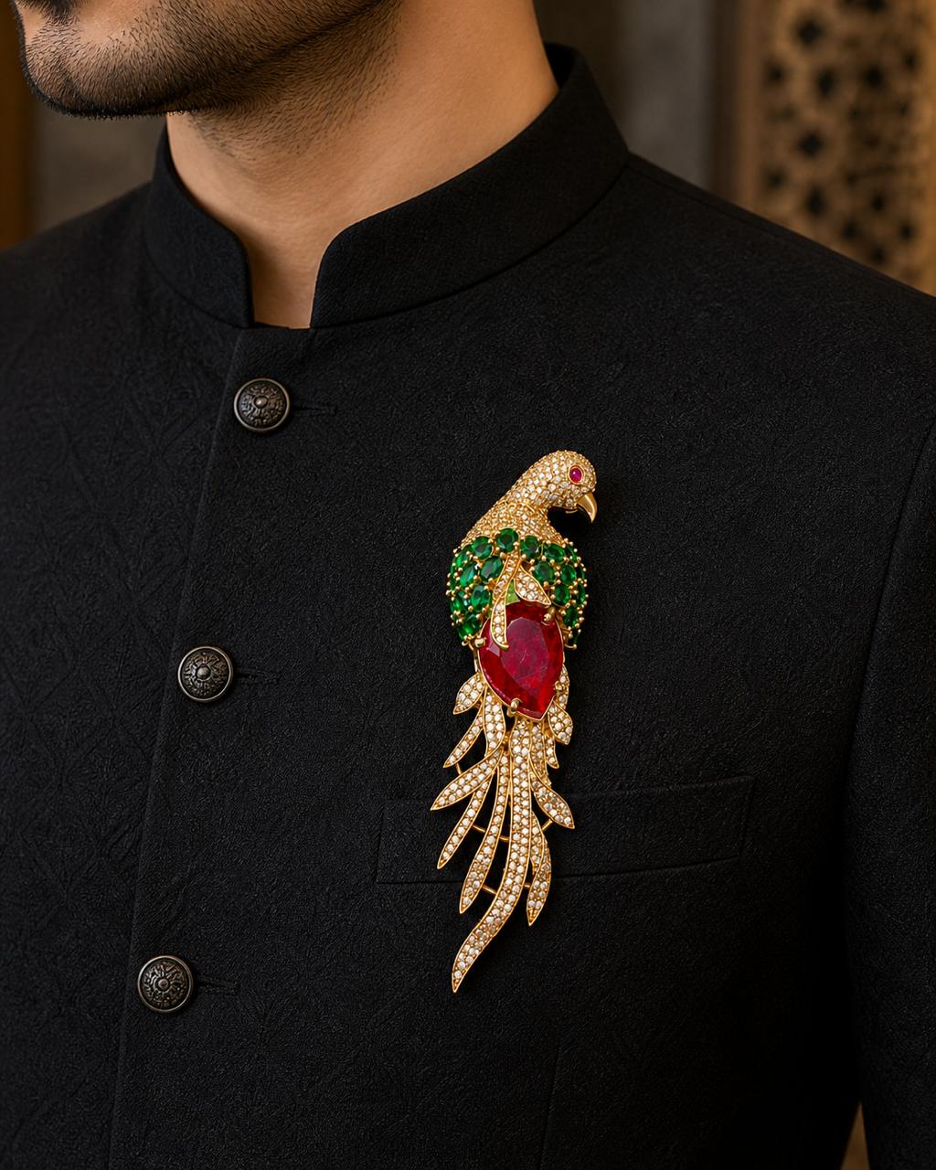 Ruby Emerald Feather Studded Bird Brooch