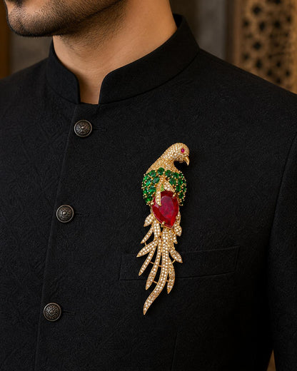 Ruby Emerald Feather Studded Bird Brooch