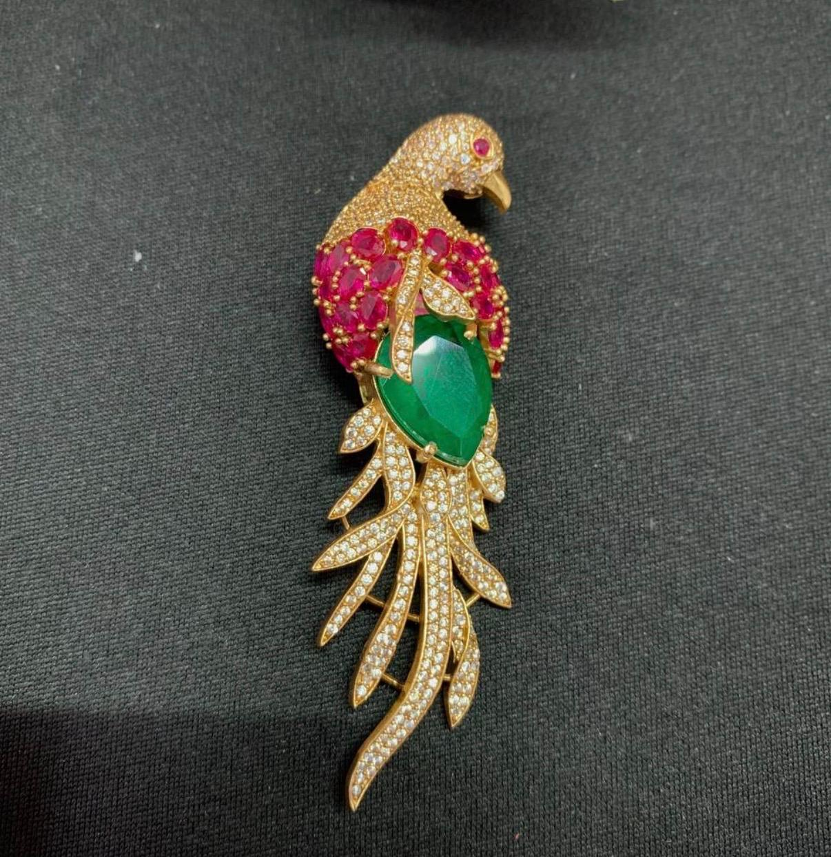 Emerald Ruby Gemstone Feather Studded Bird Brooch